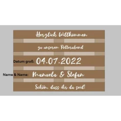 Palettenaufkleber für die Hochzeit - personalisiert - weiße/schwarze Schrift Herzen Datum Herzlich Willkommen Font 4