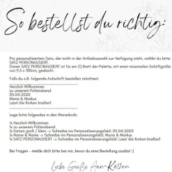 Palettenaufkleber für die Hochzeit - personalisiert - weiße/schwarze Schrift Herzen Datum Herzlich Willkommen Font 2