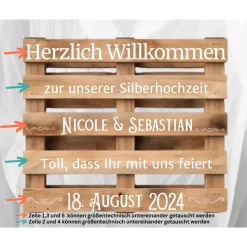 Palettenaufkleber Silberhochzeit ,Willkommenspalette silberne Hochzeit, Willkommensschild, Palettenschrift