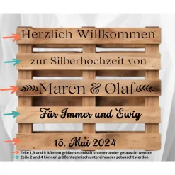 Palettenaufkleber Silberhochzeit ,Willkommenspalette silberne Hochzeit, Willkommensschild, Palettenschrift