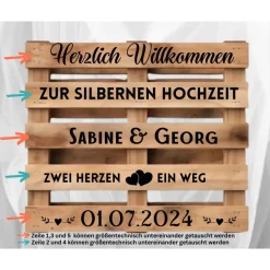 Palettenaufkleber Silberhochzeit ,Willkommenspalette silberne Hochzeit, Willkommensschild, Palettenschrift
