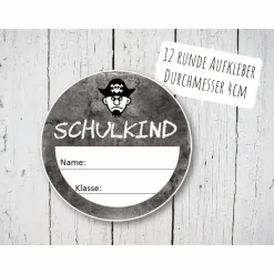 Papier-Aufkleber Pirat Schulkind rund 4cm 12 Stück Name und Klasse