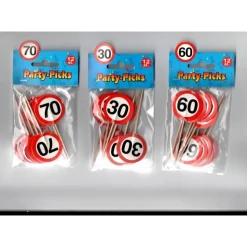 Party Picks Party Spieße Happenspieße 12 Stück – Verkehrsschild Zahl 30 oder 70, 8,5 x 3,5 cm, Papier/Holz