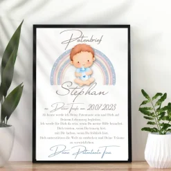 Patenbrief Baby blau von Patentante Patenonkel Pateneltern als Poster Urkunde | Geschenk zur Taufe personalisiert