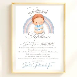 Patenbrief Baby blau von Patentante Patenonkel Pateneltern als Poster Urkunde | Geschenk zur Taufe personalisiert