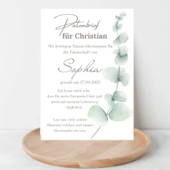 Patenbrief Eukalyptus für Patentante Patenonkel Pateneltern als Poster Urkunde | Geschenk zur Taufe personalisiert