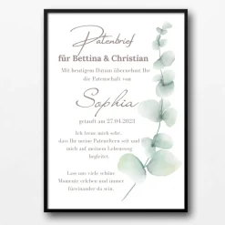 Patenbrief Eukalyptus für Patentante Patenonkel Pateneltern als Poster Urkunde | Geschenk zur Taufe personalisiert