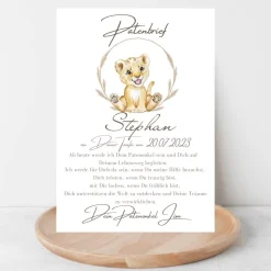 Patenbrief Löwe für Patentante Patenonkel Pateneltern als Poster Urkunde | Geschenk zur Taufe personalisiert