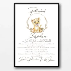 Patenbrief Löwe für Patentante Patenonkel Pateneltern als Poster Urkunde | Geschenk zur Taufe personalisiert
