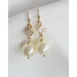 Perlen Ohrringe,18K Hochzeitschmuck Gold mit Zirkonia,Braut Ohrringe,Vergoldete Ohrringe