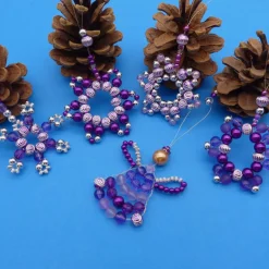 Perlenengel Sterne Flocken, violett silber, Weihnachtsdekoration, Perlen, Set, Deko, Geschenkanhänger, Baumschmuck