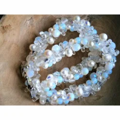 Perlenkette weiß mit Bergkristall und Mondstein Collier üppige Kette zur Hochzeit Brautschmuck