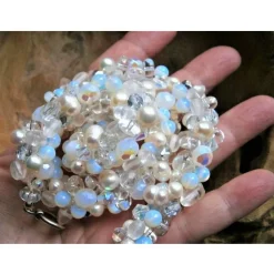 Perlenkette weiß mit Bergkristall und Mondstein Collier üppige Kette zur Hochzeit Brautschmuck