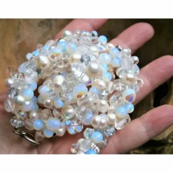 Perlenkette weiß mit Bergkristall und Mondstein Collier üppige Kette zur Hochzeit Brautschmuck