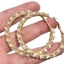 Perlenohrringe Creolen 55 Millimeter groß handgemacht weiße Perlen barock Brautschmuck boho