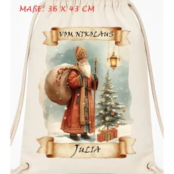 Personalisierbar Beutel St Nikolaus mit Name – St. Nikolaus Motiv, Leinen-Optik, Weihnachtsbeutel 36x43cm Kordelzug