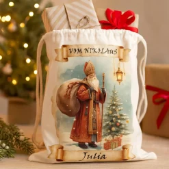 Personalisierbar Beutel St Nikolaus mit Name – St. Nikolaus Motiv, Leinen-Optik, Weihnachtsbeutel 36x43cm Kordelzug