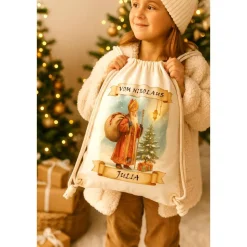 Personalisierbar Beutel St Nikolaus mit Name – St. Nikolaus Motiv, Leinen-Optik, Weihnachtsbeutel 36x43cm Kordelzug