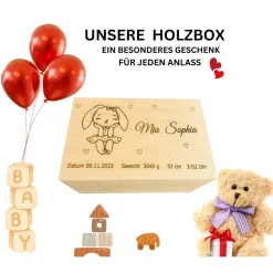 Personalisierte Baby-Erinnerungskiste mit niedlichem Hasenmotiv,  eine perfekte Holzbox als Geschenk, Geburtebur