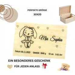 Personalisierte Baby-Erinnerungskiste mit niedlichem Hasenmotiv,  eine perfekte Holzbox als Geschenk, Geburtebur