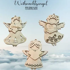 Personalisierte 3D Weihnachtsengel aus Birkenholz zum Hängen mit Namensgravur – 2-3-lagig, ca. 12x11 cm