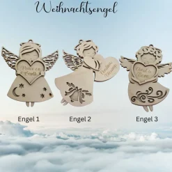 Personalisierte 3D Weihnachtsengel aus Birkenholz zum Hängen mit Namensgravur – 2-3-lagig, ca. 12x11 cm
