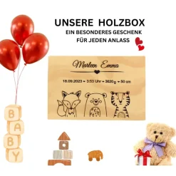 Personalisierte Erinnerungskiste für Babys - Tiergruppe Safari  - Personalisiert mit Name & Datum -