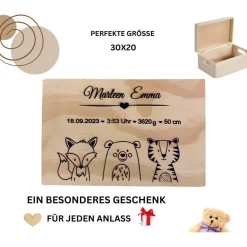 Personalisierte Erinnerungskiste für Babys - Tiergruppe Safari  - Personalisiert mit Name & Datum -