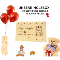 Personalisierte Erinnerungskiste für Babys - Tiergruppe Safari  - Personalisiert mit Name & Datum - Holzbox