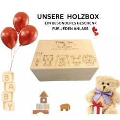 Personalisierte Erinnerungskiste für Babys - Safari-Tiermotiv - mit Name und Datum personalisiert.