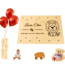 Personalisierte Erinnerungskiste für Babys - Safari-Tiergruppe Löwe - Mit Name und Datum personalisiert