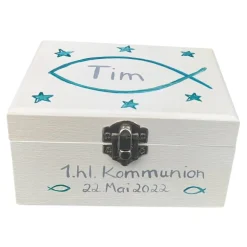 Personalisierte Erinnerungskiste Fisch zur Taufe, Kommunion & Konfirmation – Geschenkbox aus Holz
