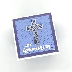 Personalisierte Explosionsbox zur Kommunion, Konfirmation, Taufe oder Geburt – Handgemachtes Geschenk mit Bibel-Schachtel (blau/weiß)