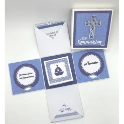 Personalisierte Explosionsbox zur Kommunion, Konfirmation, Taufe oder Geburt – Handgemachtes Geschenk mit Bibel-Schachtel (blau/weiß)