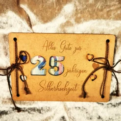 Personalisierte Geldgeschenkkarte zur Silberhochzeit aus Birken-/MDF-Holz mit Lasergravur