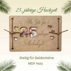 Personalisierte Geldgeschenkkarte zur Silberhochzeit aus Birken-/MDF-Holz mit Lasergravur