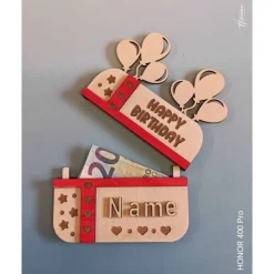 Personalisierte Geldscheinverpackung aus Holz – Gutscheinverpackung mit Gravur & Schleife zum Geburtstag