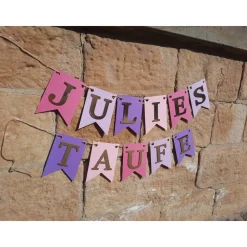 Personalisierte Girlande zur Taufe, Lila, Rosa und Gold, Wimpelkette Taufe mit Wunschnamen