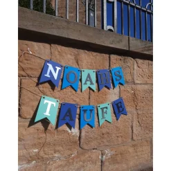 Personalisierte Girlande zur Taufe, Blau, Türkis und Silber, Wimpelkette Taufe mit Wunschnamen