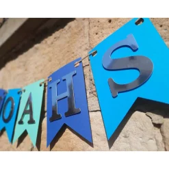 Personalisierte Girlande zur Taufe, Blau, Türkis und Silber, Wimpelkette Taufe mit Wunschnamen