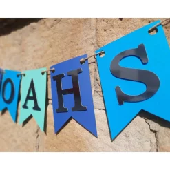 Personalisierte Girlande zur Taufe, Blau, Türkis und Silber, Wimpelkette Taufe mit Wunschnamen