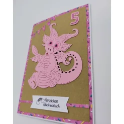 Personalisierte Glückwunschkarte Kindergeburtstag mit süßem Drachen – Handgemacht in 2 verschieden Farbvarianten