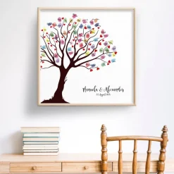 Personalisierte Hochzeitsgästebuch Leinwand 50x50 cm – Wedding Tree Fingerabdruck mit Herzen & Namen als Geschenk