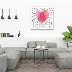 Personalisierte Hochzeitsgästebuch Leinwand – Wedding Tree Fingerabdruck mit Herzen & Namen – Geschenk Brautpaar 50x50 c