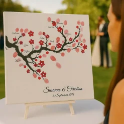 Personalisierte Hochzeitsgästebuch Leinwand – Wedding Tree Fingerabdruck mit Herzen & Namen – Geschenk Brautpaar 50x50 c