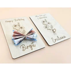 Personalisierte Karte zum Geburtstag Happy Birthday Alles Gute Holzkarte Geldgeschenk Geburtstagskarte-Wunschzahl+Blumen