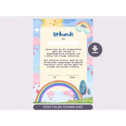 Personalisierte Regenbogen Urkunde für Kindergeburtstag | Selbstausdruck | Digitale Datei | DIN A4 | Mitgebsel