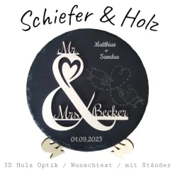 Personalisierte Schiefertafel mit 3D-Holzgravur – Perfekt als Geschenk für Hochzeit, Verlobung, Hochzeitstag