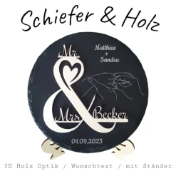 Personalisierte Schiefertafel mit 3D-Holzgravur – Perfekt als Geschenk für Hochzeit, Verlobung, Hochzeitstag