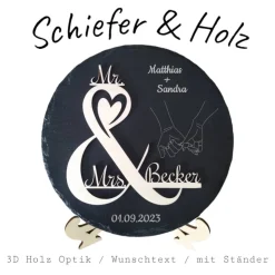 Personalisierte Schiefertafel mit 3D-Holzgravur – Perfekt als Geschenk für Hochzeit, Verlobung, Hochzeitstag